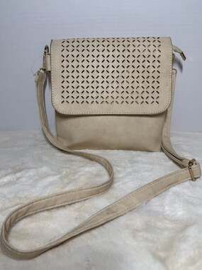 J. Francis Cream Faux Leather Laser Cut Flap Crossbody Bag